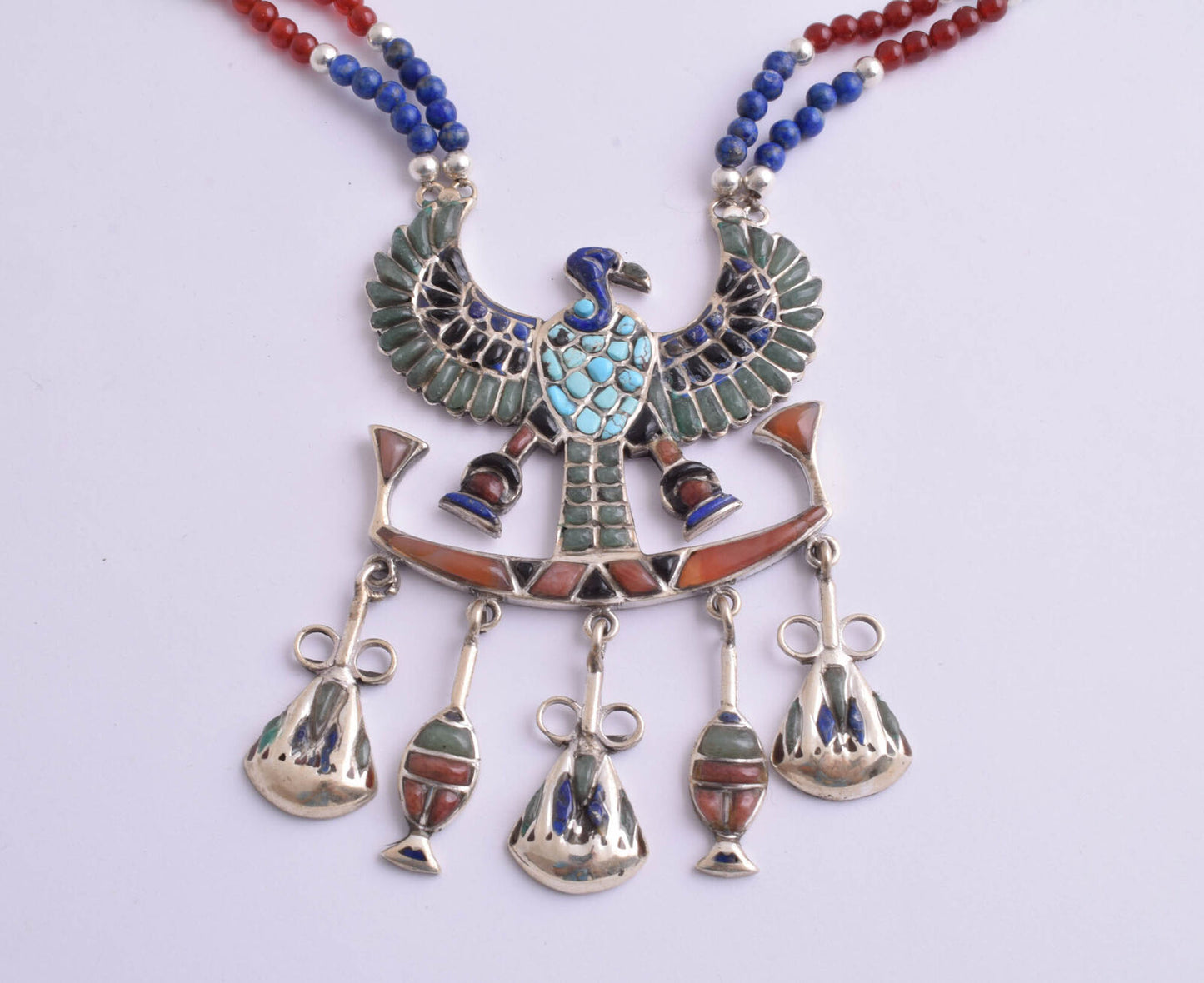 Egyptian Silver Pendant Necklace,Revival,Pharaoh, Turquoise, red coral , lapis