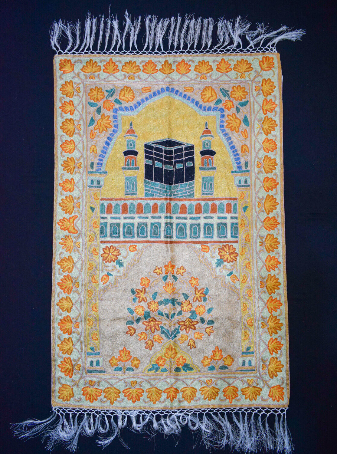 Islamic Muslim Kaaba Mecca Prayer Rug Carper Mat-Handmade Needlepoint Kashmir