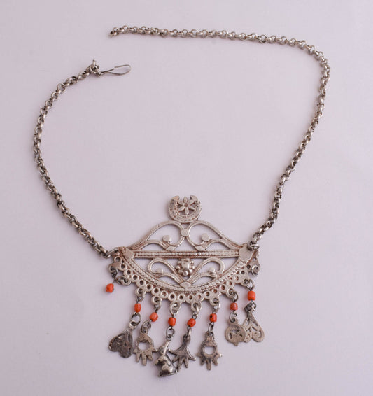 Vintage silver-red coral Berber Moroccan north african Amulet Pendant Necklace