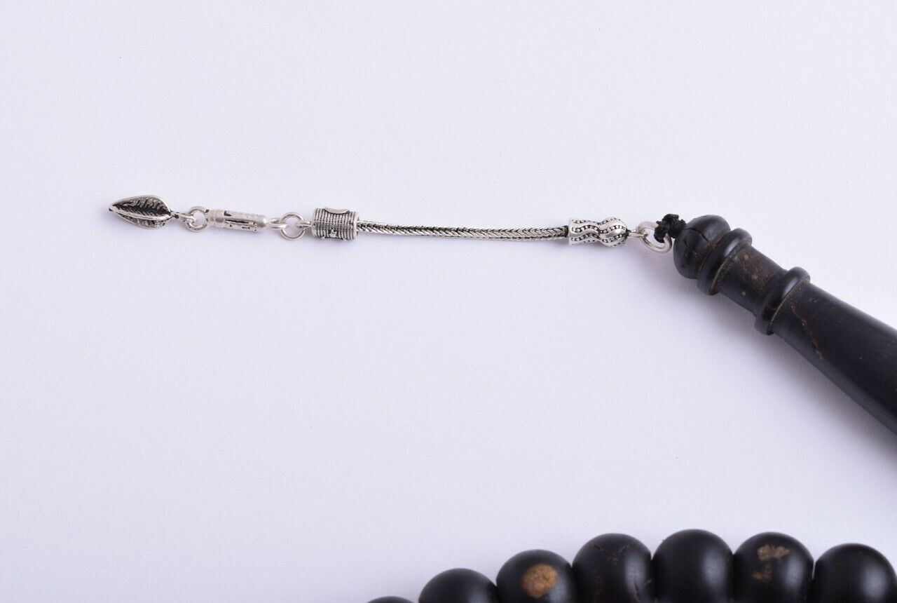 Antique Islamic black coral/ silver inlay -Prayer beads-komboloi-يسر حجازي قديم