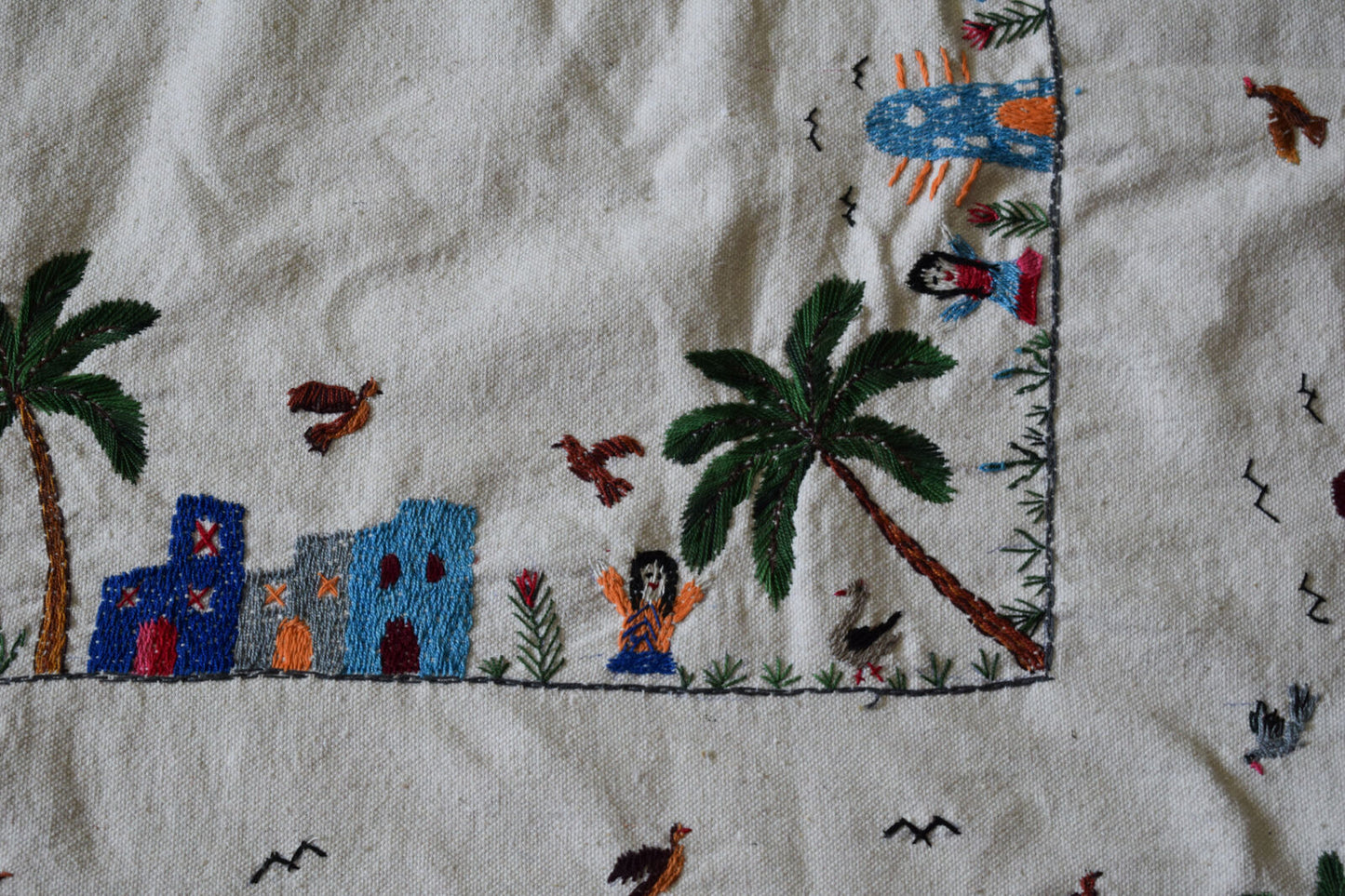 Hand embroidered Egyptian Tablecloth Falalhi Village Bedouin scenes 88"X54"