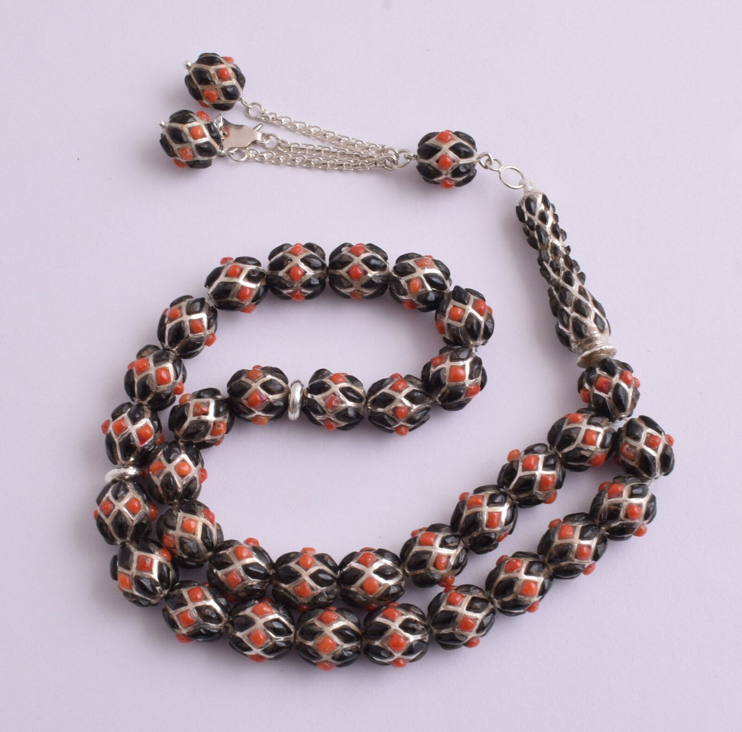 Red & Black Coral & sterling silver Islamic inlaid prayer beads,muslim Tasbih