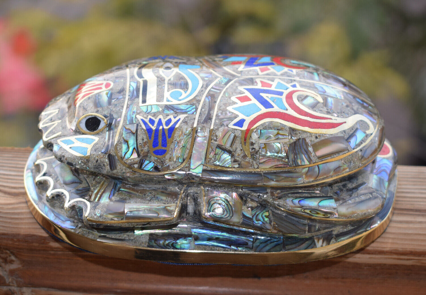 Egyptian large Scarab Beetle Statue-covered with Mother of Pearl-Decorative-6.3"