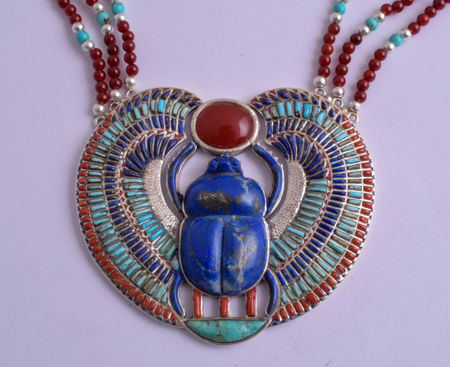 Egyptian Silver Pendant Necklace, scarab,Pharaoh, Turquoise, red coral , lapis