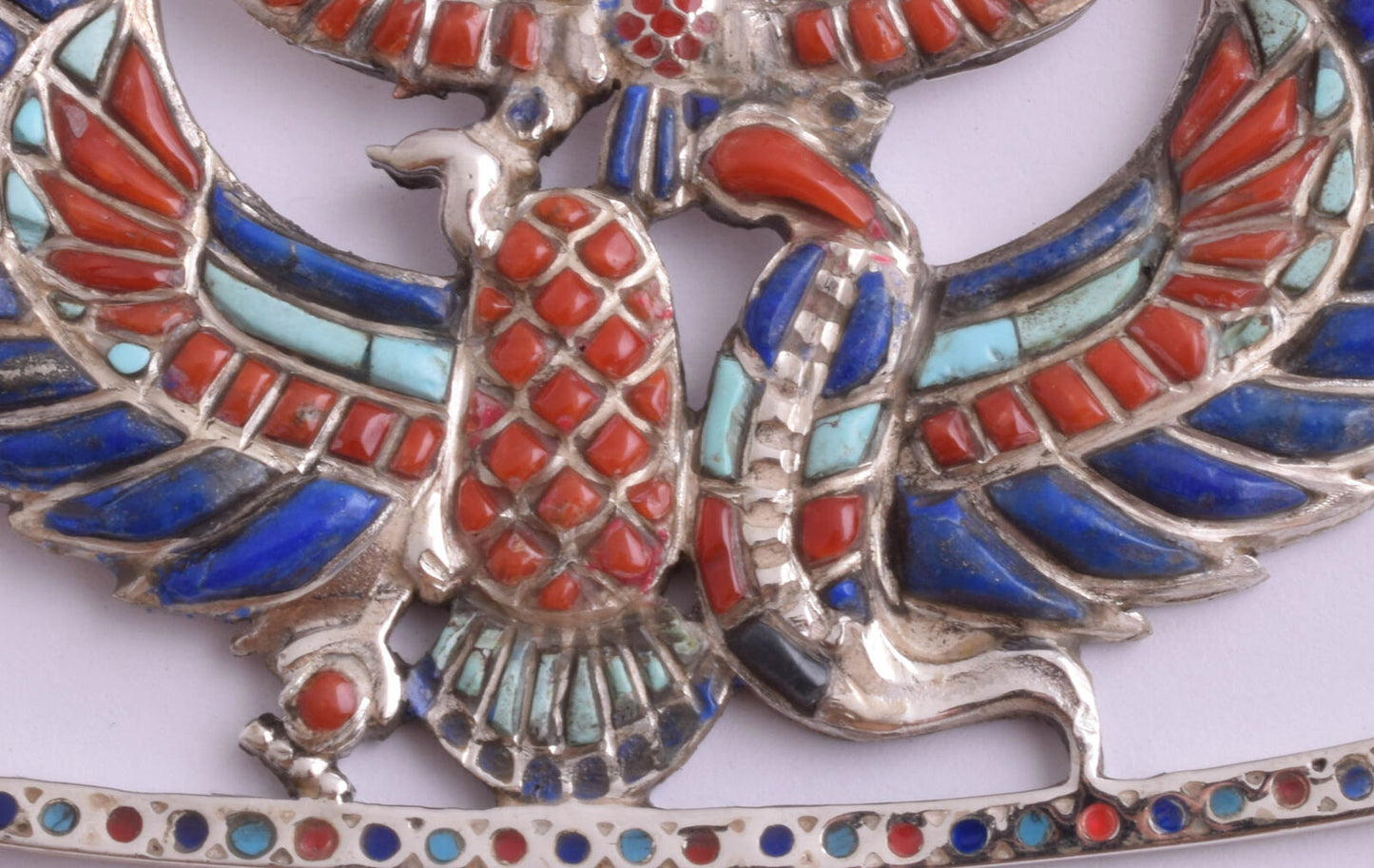 Winged Scarab Egyptian Silver Pendant Necklace, Turquoise, red coral , lapis