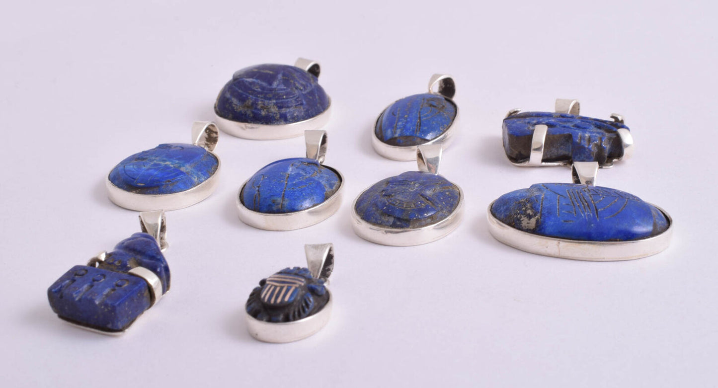 9 Vintage Egyptian Lapis Lazuli-Silver Pendants-Hand Carved-Pharaohs Kings