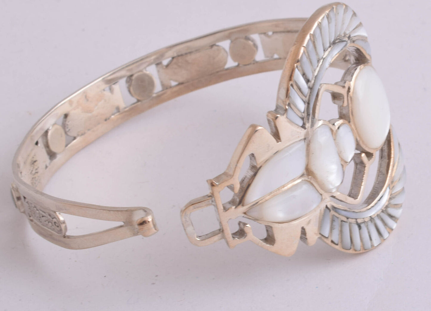 Horus Egyptian sterling Silver Cuff Bracelet, mother of pearl inlays