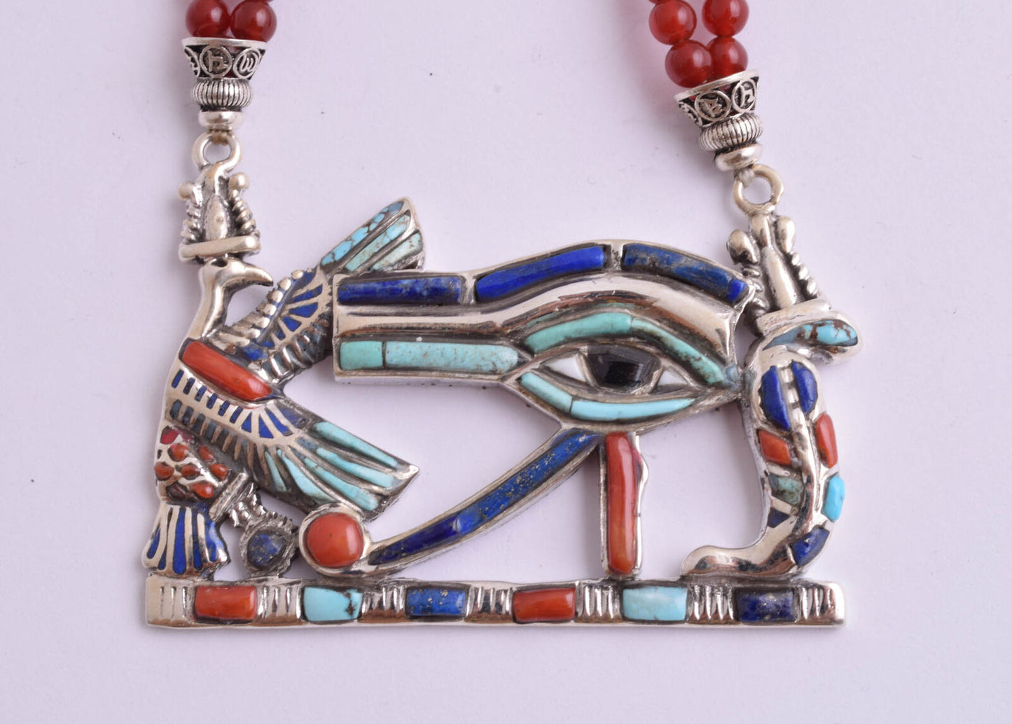 Eye of Horus Egyptian Silver Pendant Necklace,Turquoise, red coral, lapis lazuli