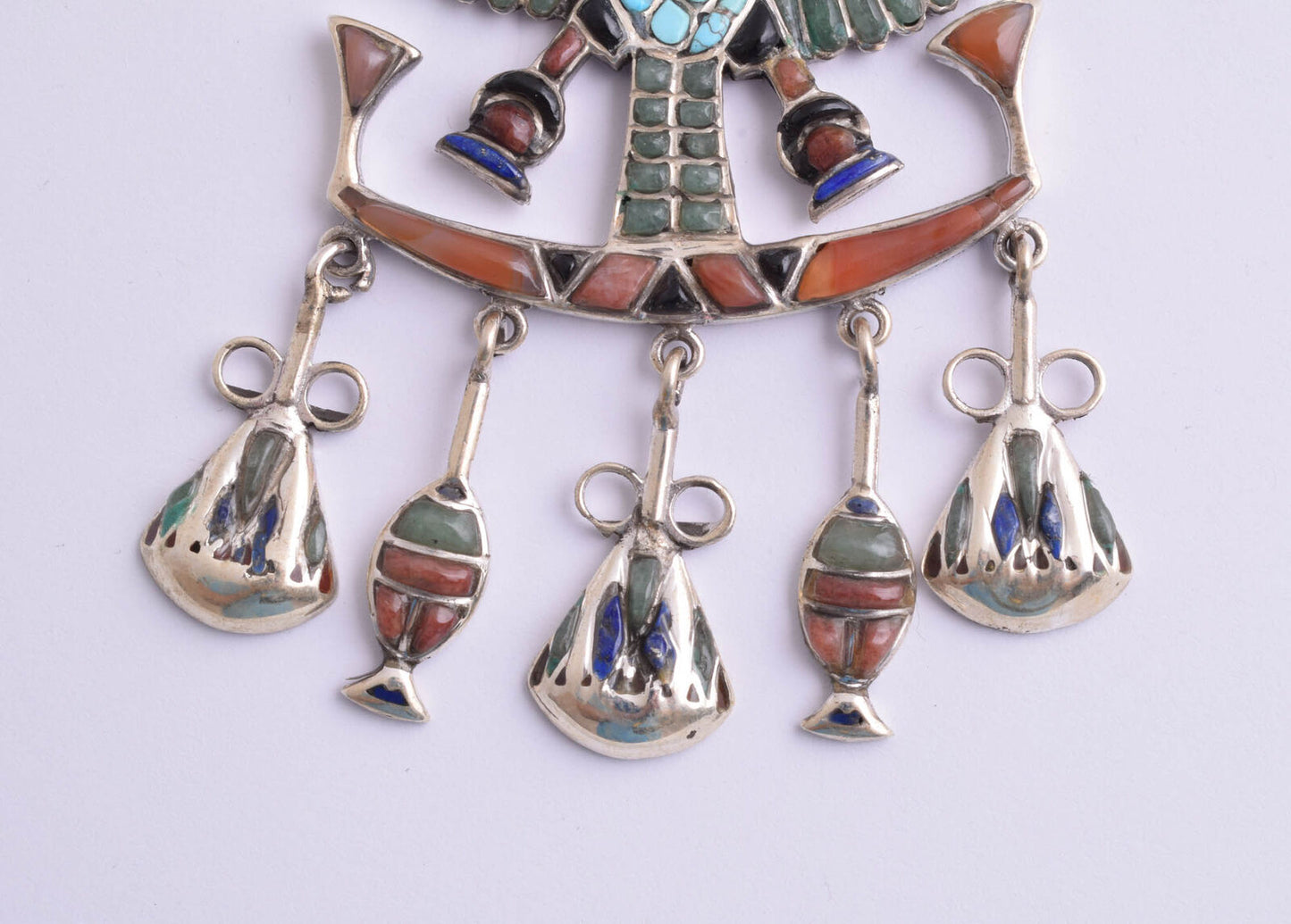 Egyptian Silver Pendant Necklace,Revival,Pharaoh, Turquoise, red coral , lapis