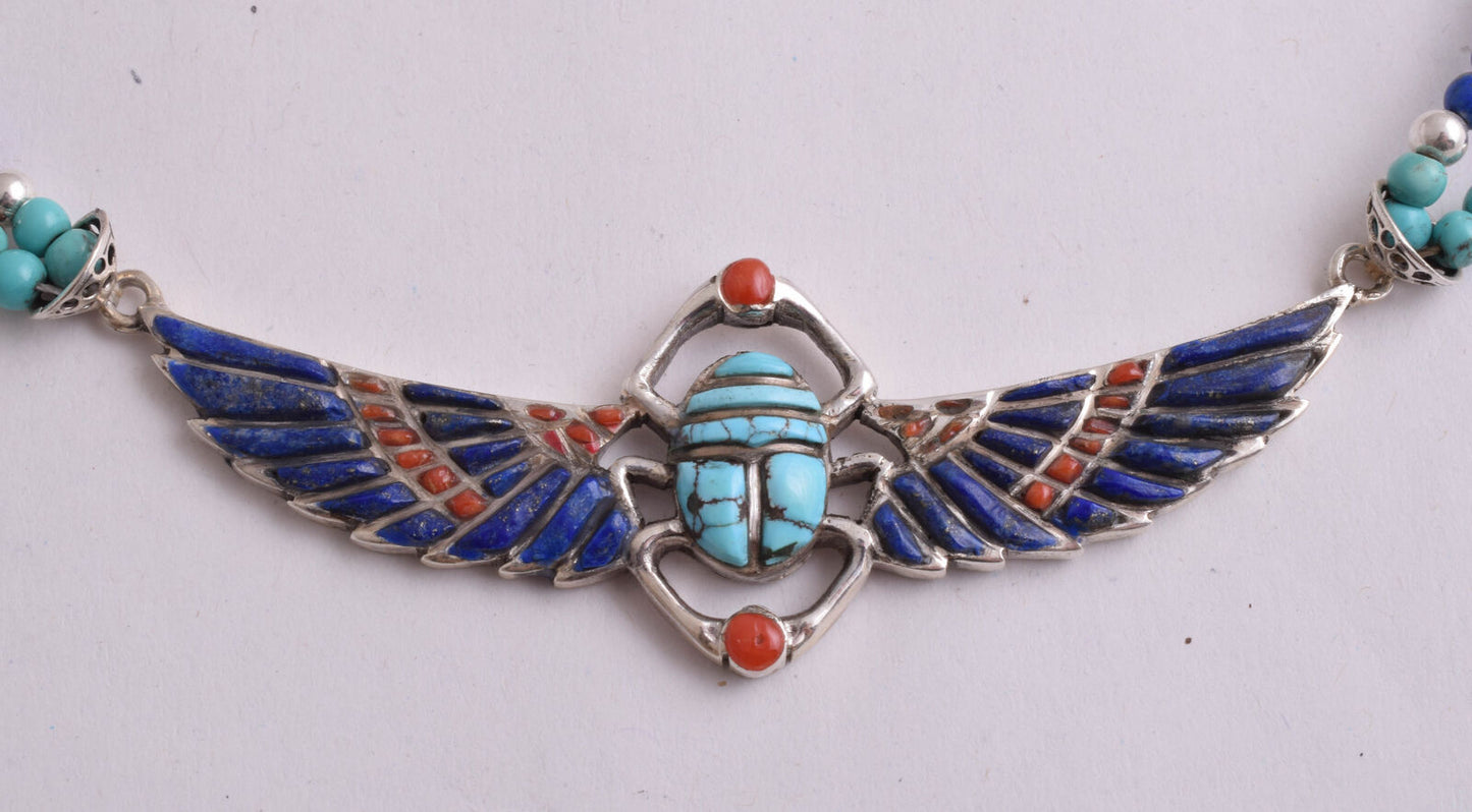 Winged Scarab Necklace-Egyptian Silver Pendant Necklace-Turquoise,Lapis