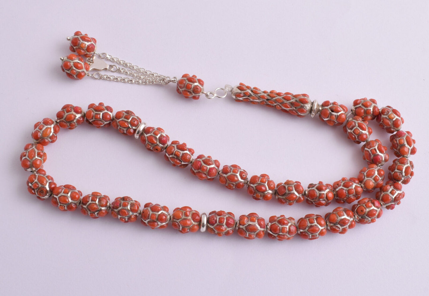 Red Coral & sterling silver Islamic raised inlaid prayer beads,muslim Tasbih