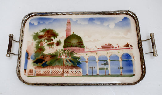 very Rare Vintage Porcelain Islamic Al Masjid an Nabawi scene serving Tray