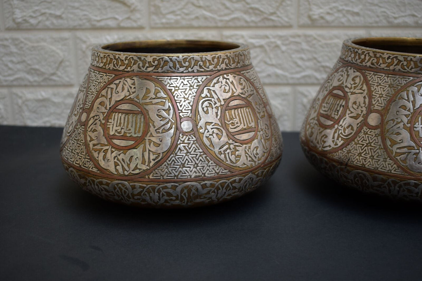 Islamic Mamluk style silver inlaid brass Artwork Bowl-Cairo ware-revival