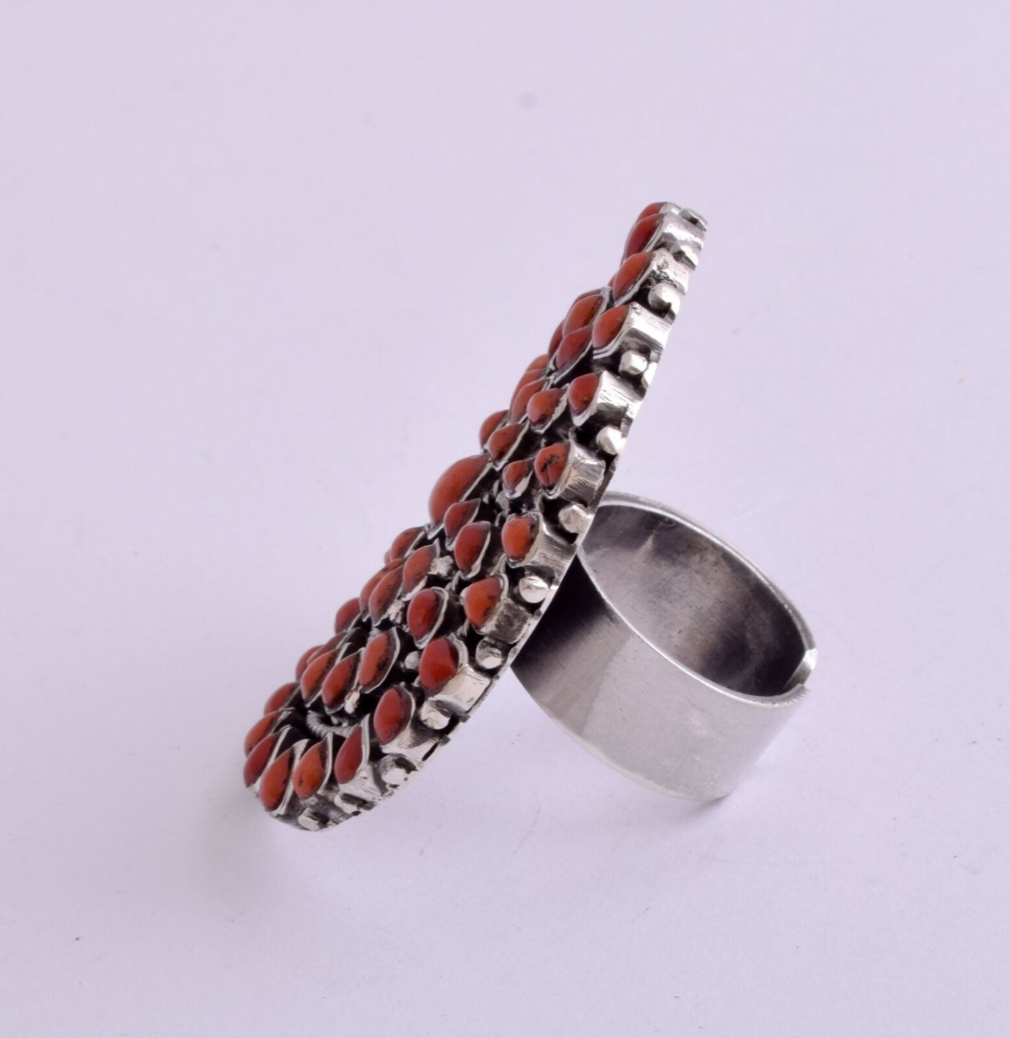 Narturla Italina Red Coral sterling silver Cluster Large Ethnic Ring-40 gram