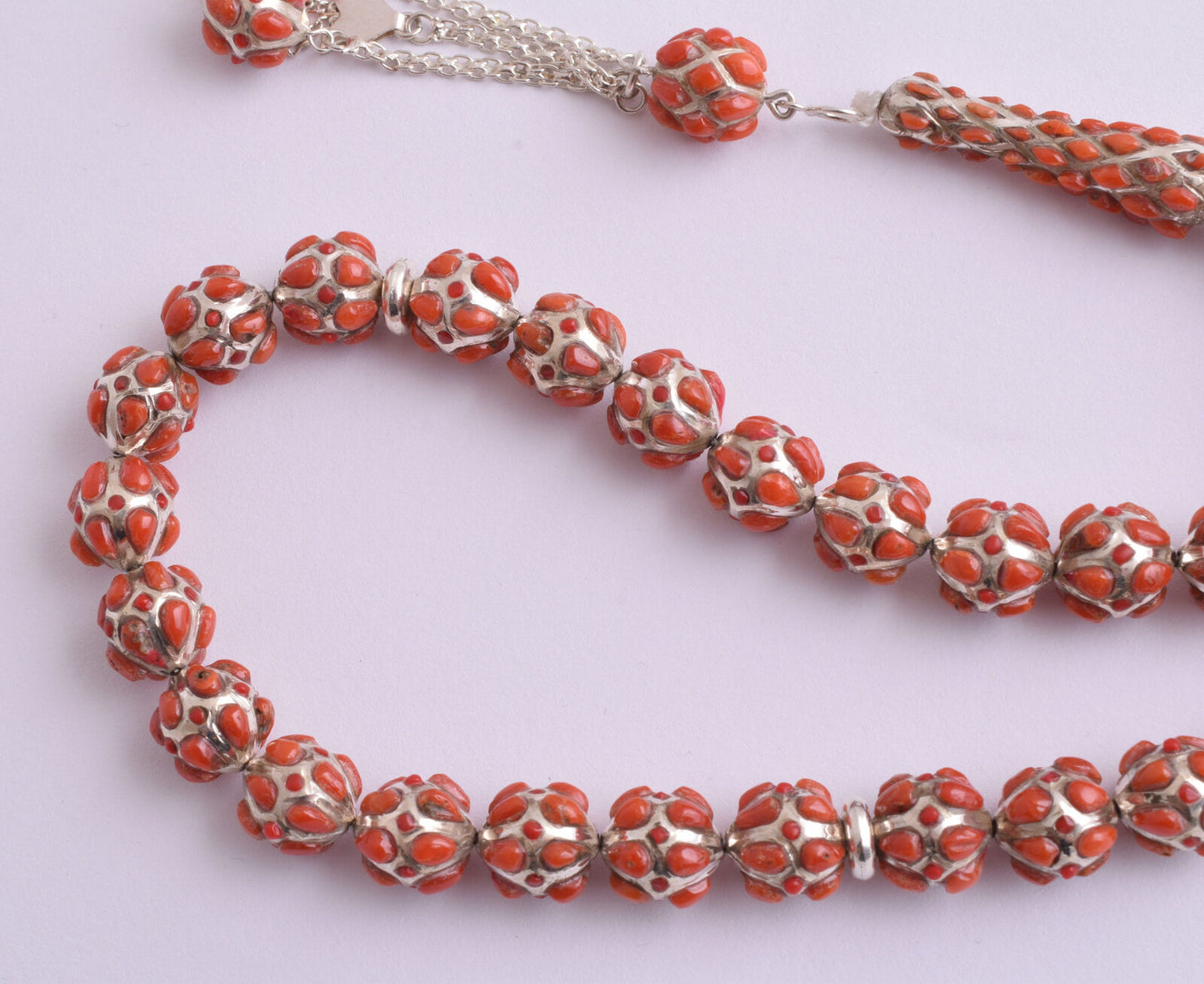 Red Coral & sterling silver Islamic raised inlaid prayer beads,muslim Tasbih