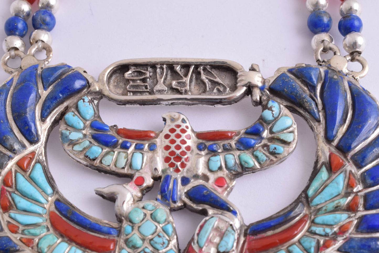 Winged Scarab Egyptian Silver Pendant Necklace, Turquoise, red coral , lapis