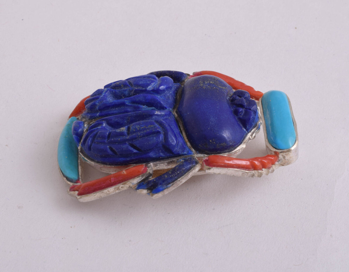 Egyptian scarab Silver Pendant,Revival, Turquoise, red coral , lapis Lazuli