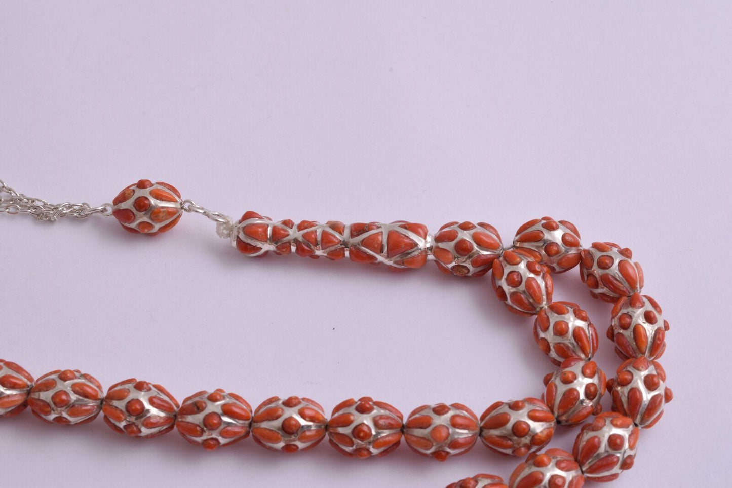 Red Coral & sterling silver Islamic raised inlaid prayer beads,muslim Tasbih