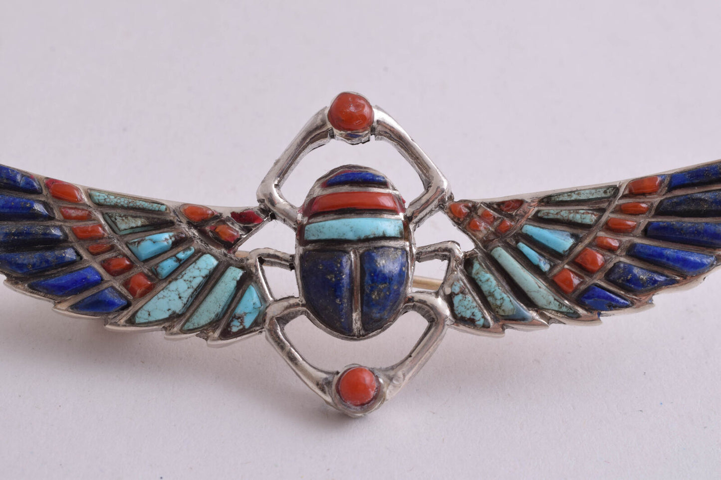 Egyptian scarab Silver Brooch,Revival, Turquoise, red coral , lapis Lazuli