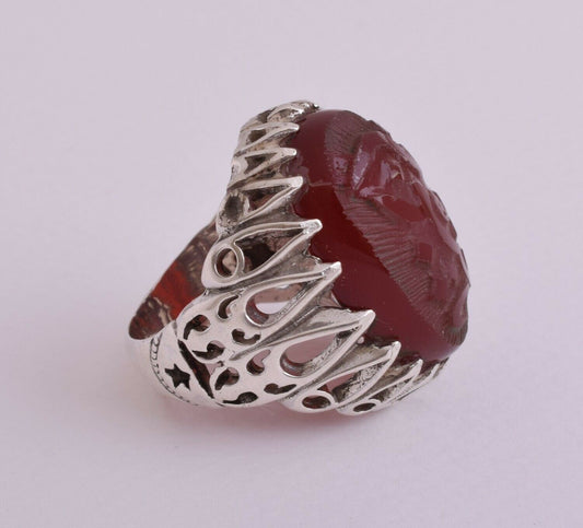 Islamic Silver Yemen agate hand engrave kabdi aqeeq akik Ring-يا قيوم