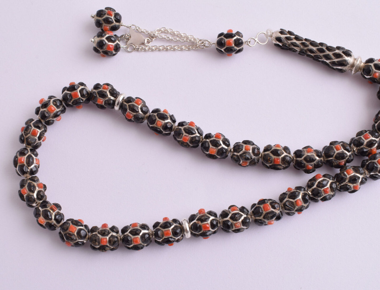 Red & Black Coral & sterling silver Islamic inlaid prayer beads,muslim Tasbih