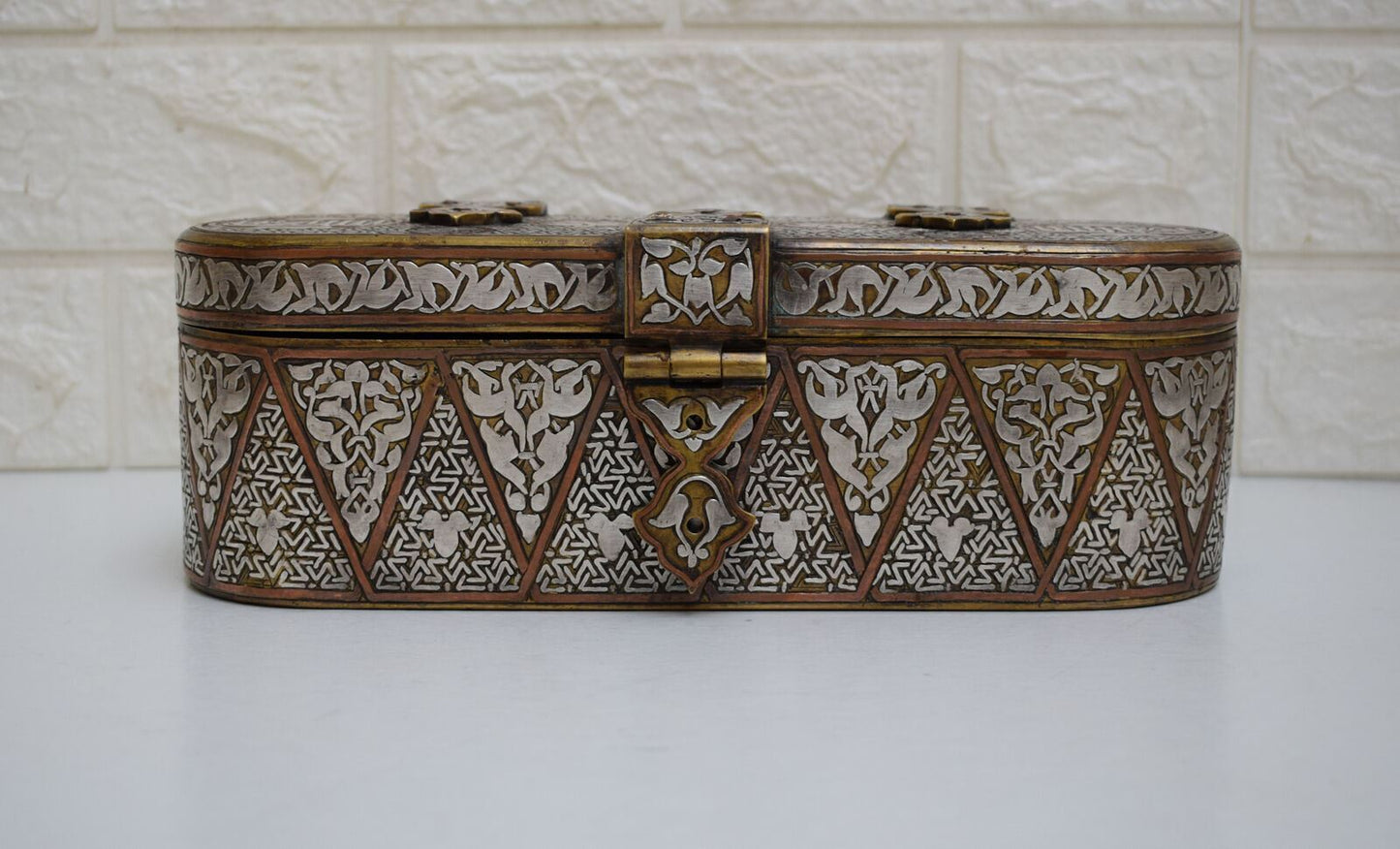 Islamic revival Mamluk style silver inlaid brass Jewelry Box-Cairo ware