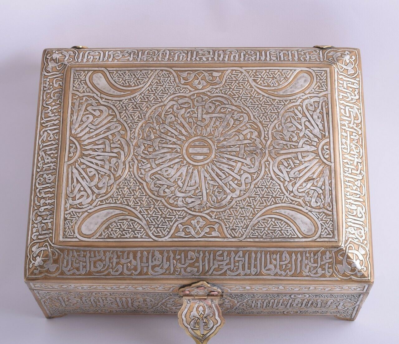 Islamic revival-Mamluk silver inlaid Jewelry - Quran Koran brass Box-Cairo ware