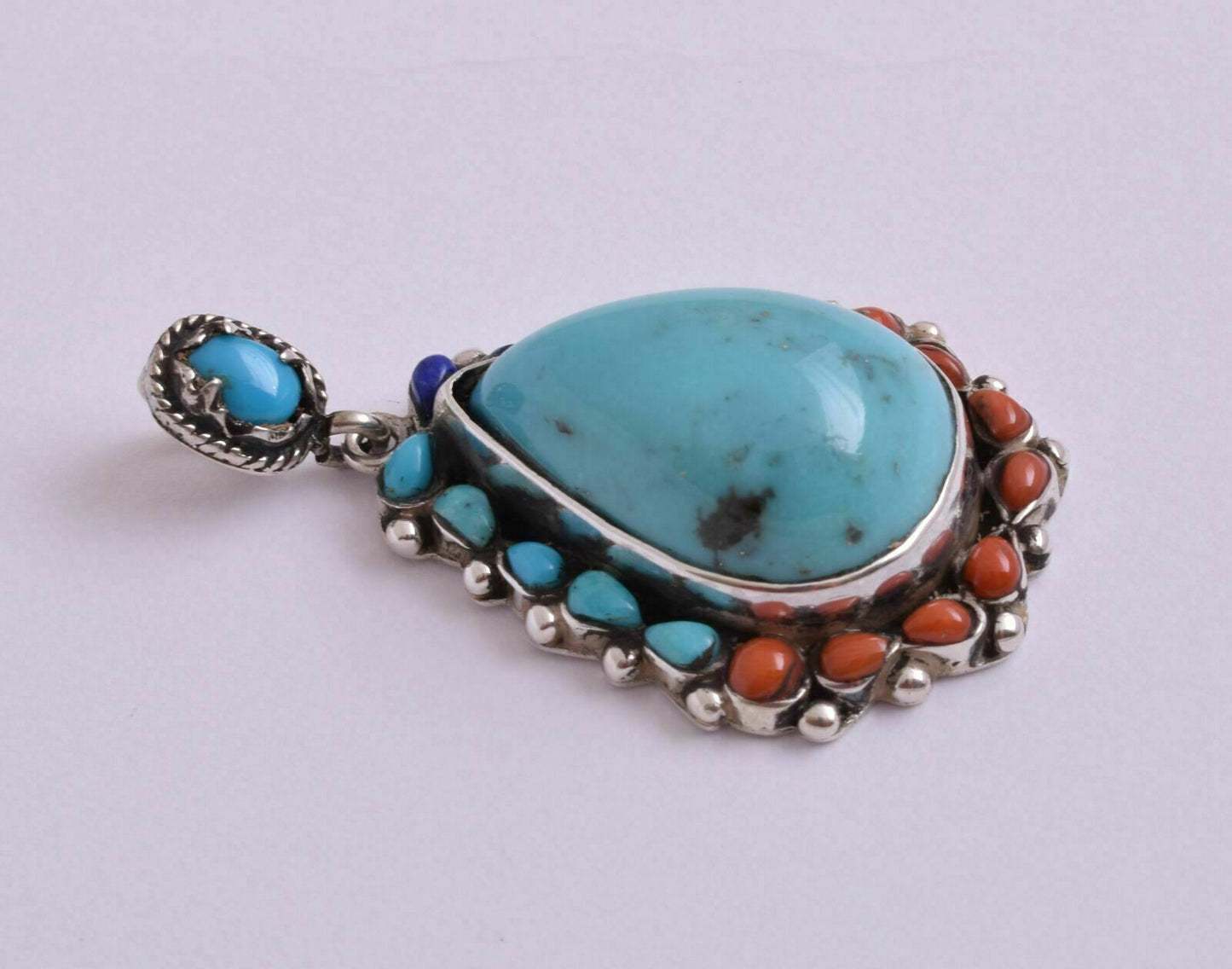 Egyptian Ethnic Gypsy Bedouin Turquoise-Red coral-Lapis Lazuli-silver Pendant