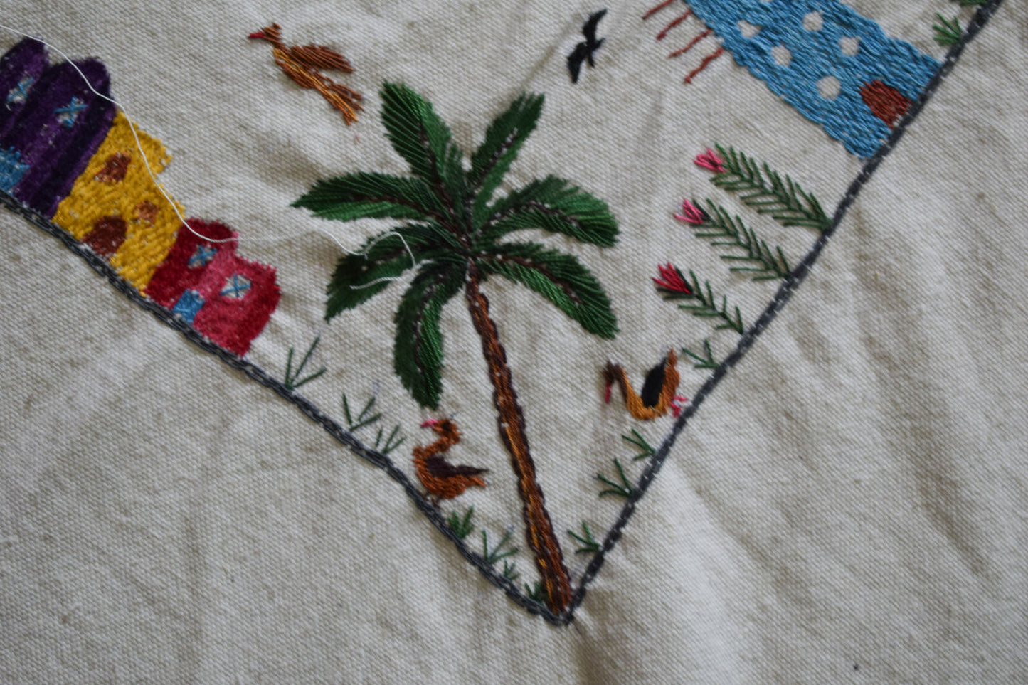 Hand embroidered Egyptian Tablecloth Falalhi Village Bedouin scenes 88"X54"