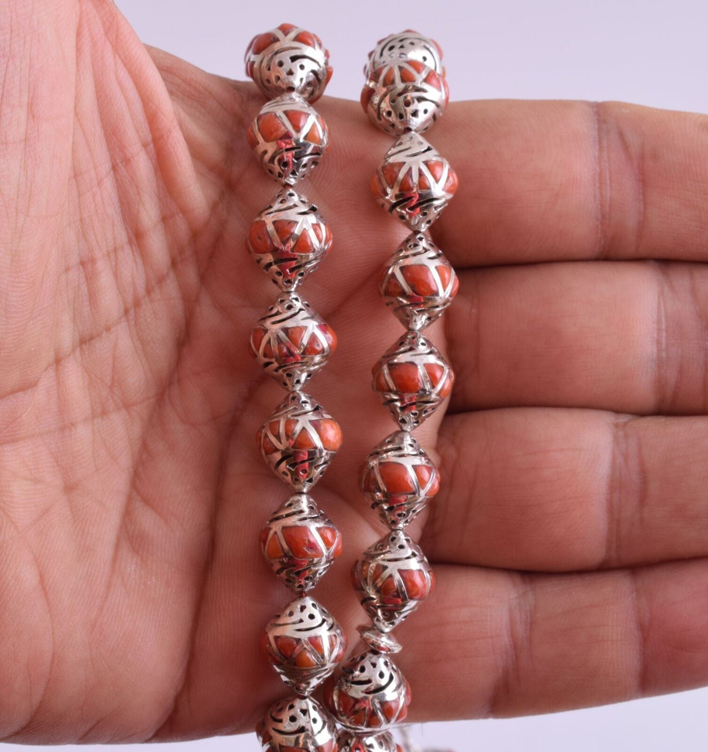 Red Coral & sterling silver Islamic raised inlaid prayer beads,muslim Tasbih