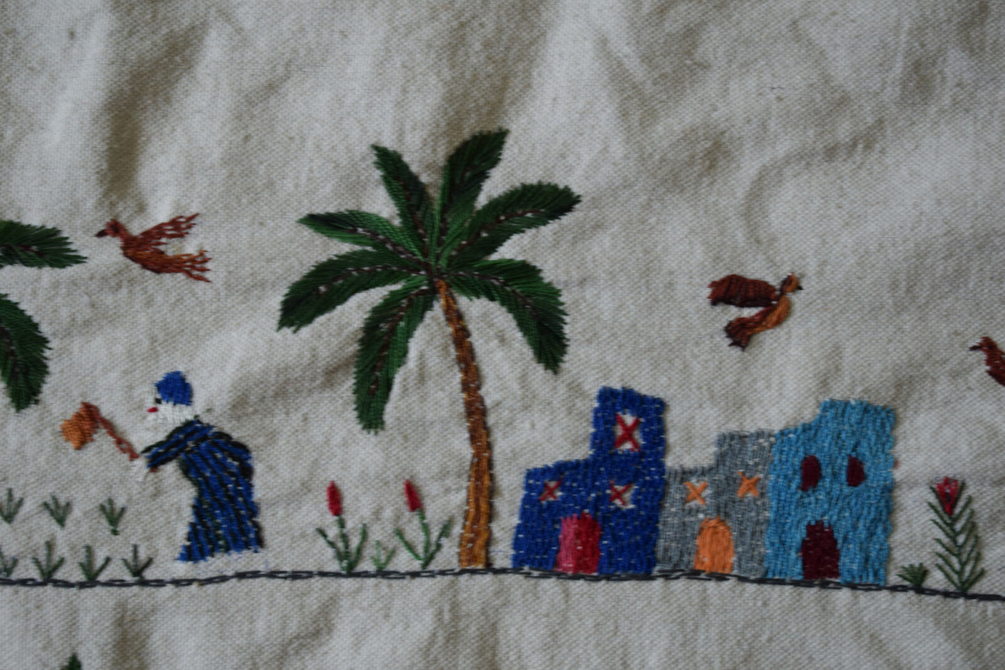 Hand embroidered Egyptian Tablecloth Falalhi Village Bedouin scenes 88"X54"