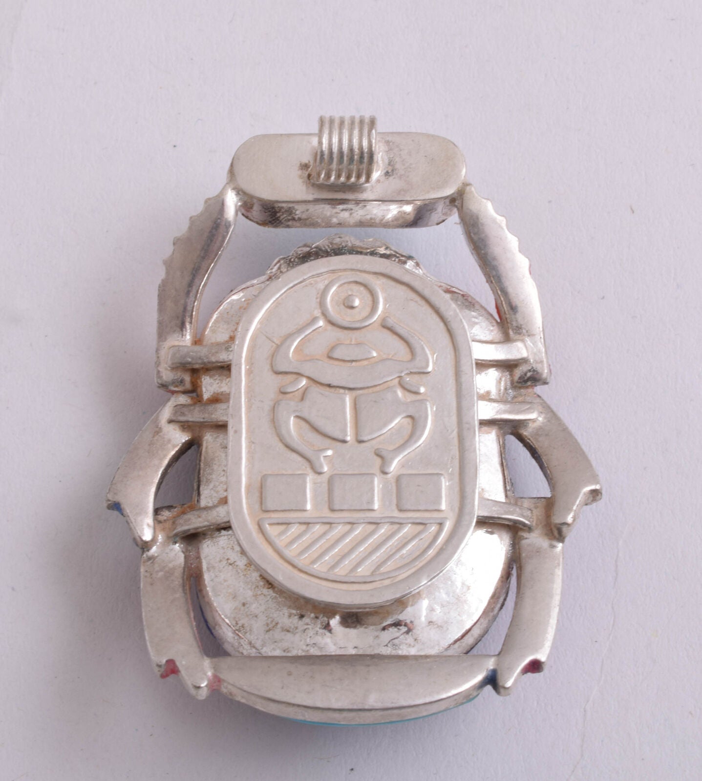 Egyptian scarab Silver Pendant,Revival, Turquoise, red coral , lapis Lazuli