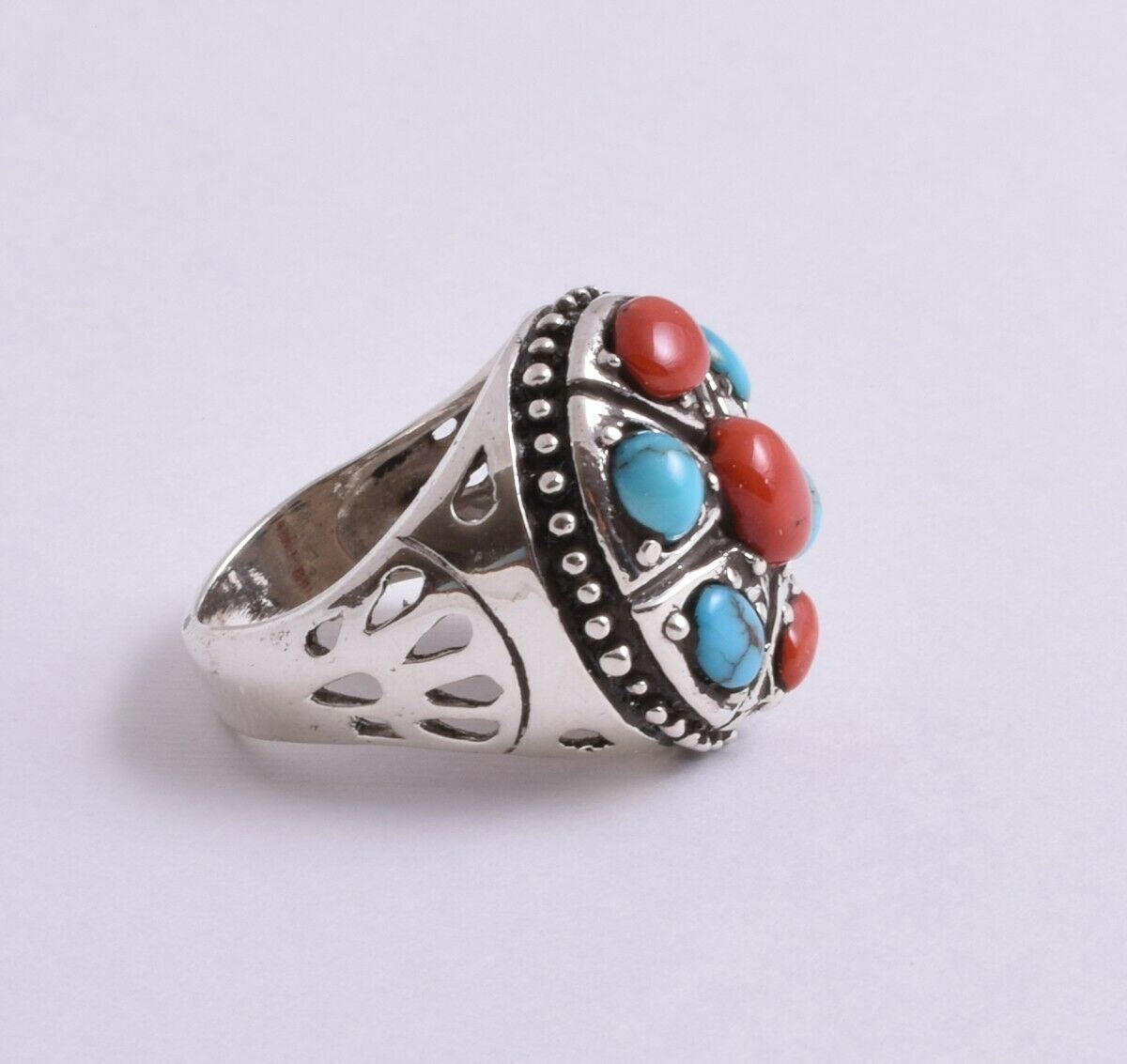 Egyptian Turquoise & Red coral sterling silver Ring-Middle Eastern