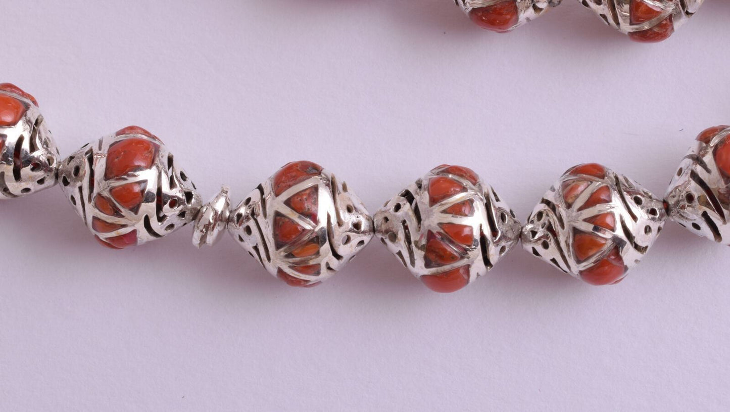 Red Coral & sterling silver Islamic raised inlaid prayer beads,muslim Tasbih