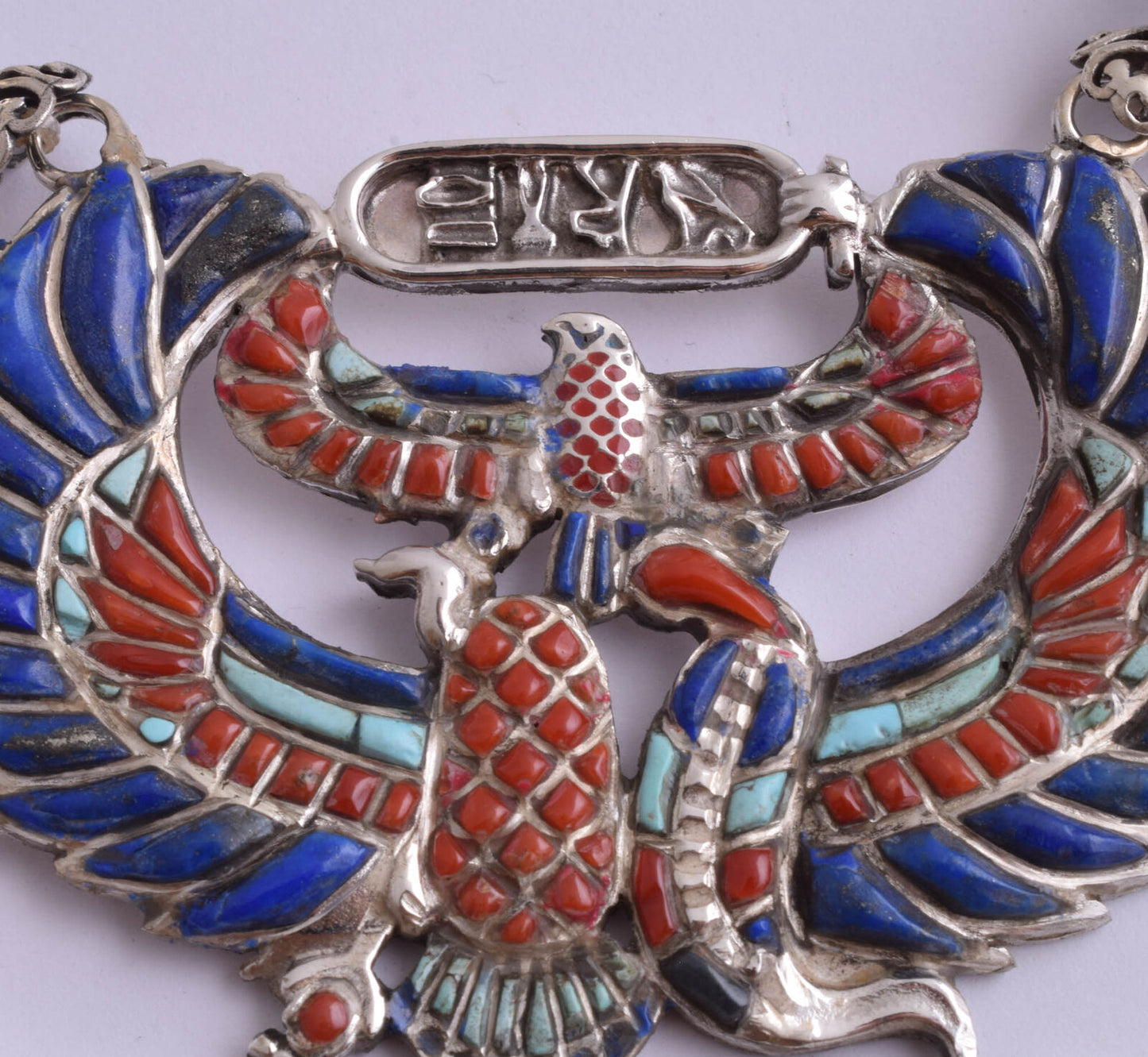 Winged Scarab Egyptian Silver Pendant Necklace, Turquoise, red coral , lapis