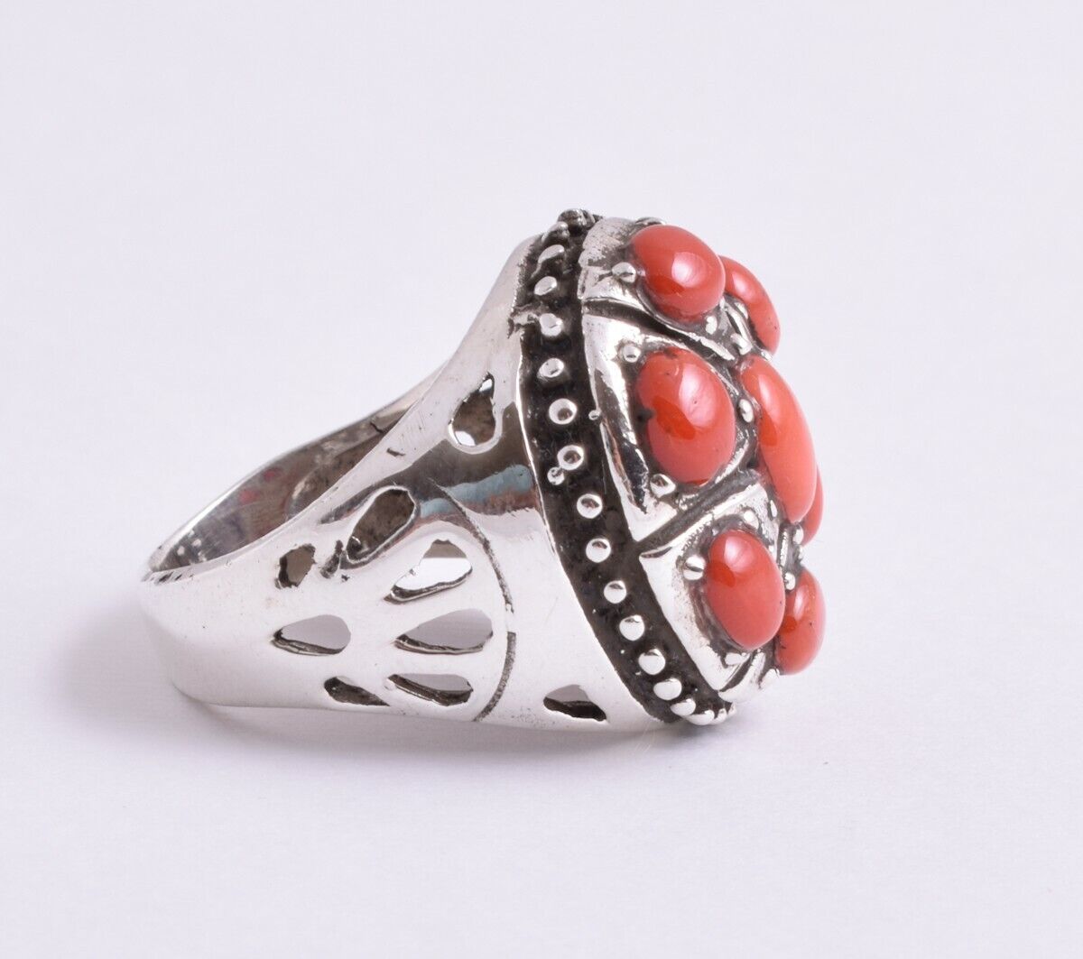 Natural Mediterranean Red coral sterling silver Ring-Middle Eastern