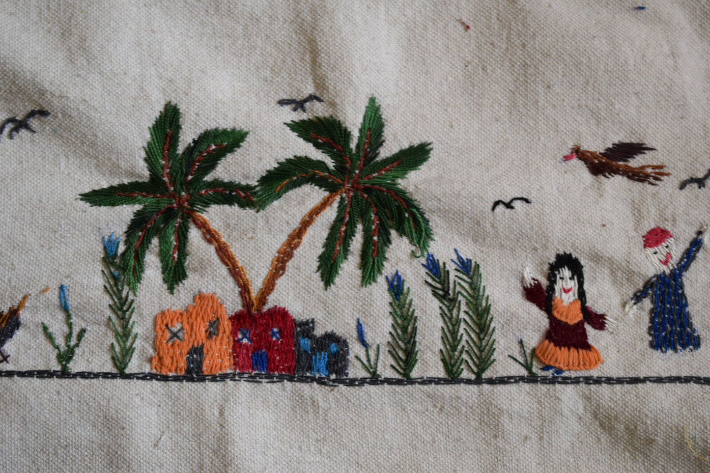 Hand embroidered Egyptian Tablecloth Falalhi Village Bedouin scenes 88"X54"