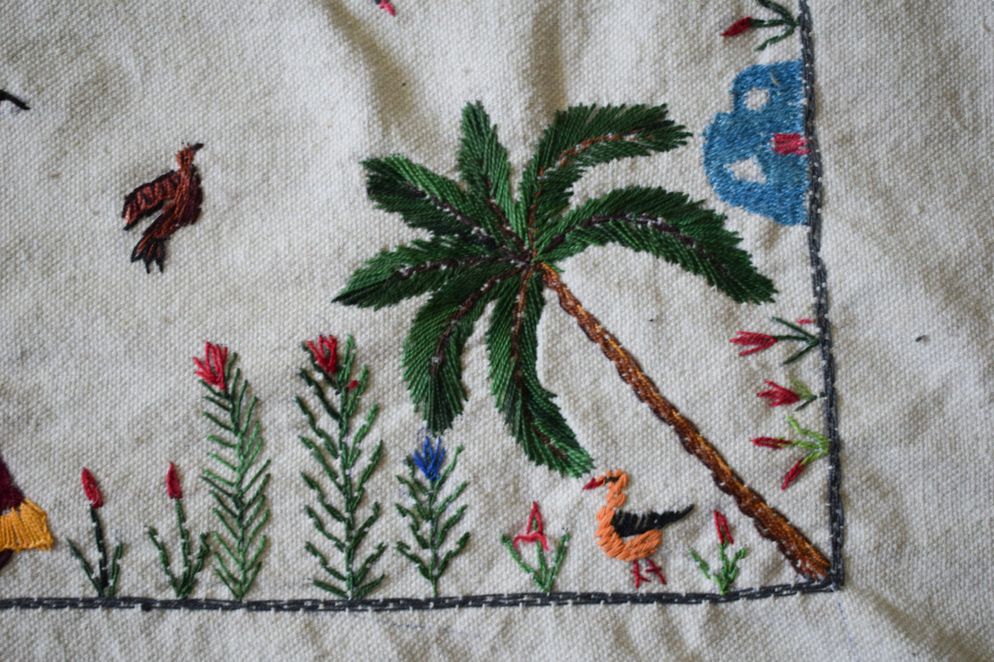 Hand embroidered Egyptian Tablecloth Falalhi Village Bedouin scenes 88"X54"