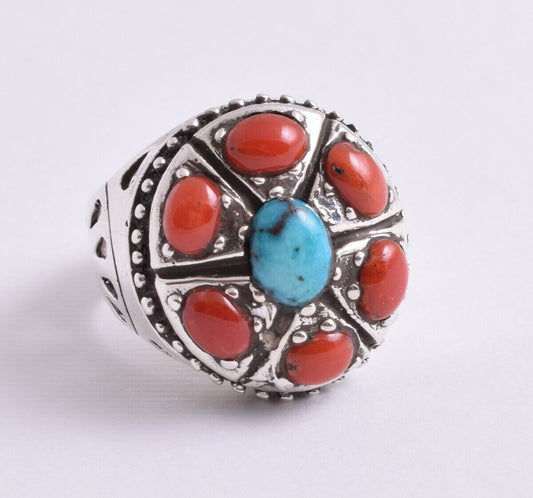 Egyptian Turquoise & mediterranean Red coral sterling silver Ring-Middle Eastern