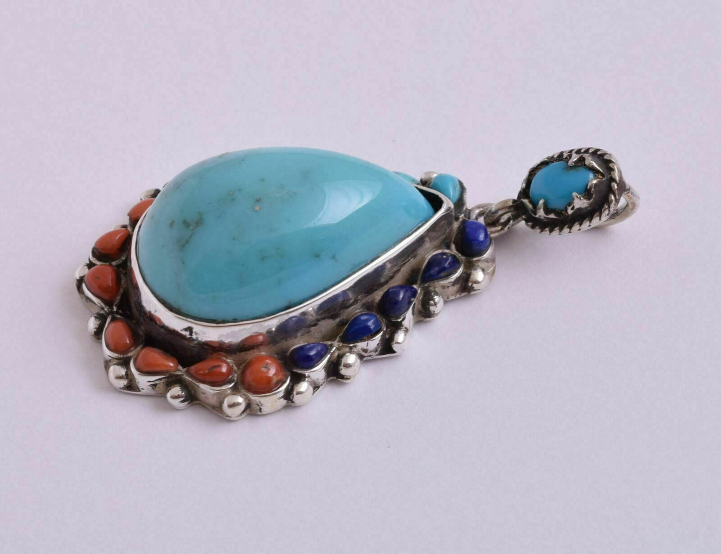 Egyptian Ethnic Gypsy Bedouin Turquoise-Red coral-Lapis Lazuli-silver Pendant