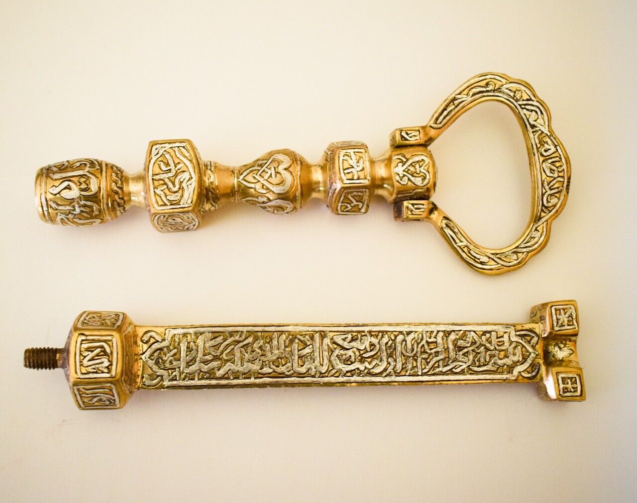 Islamic revival KAABA KEY-Mamluk style silver inlaid brass Artwork-Cairo ware