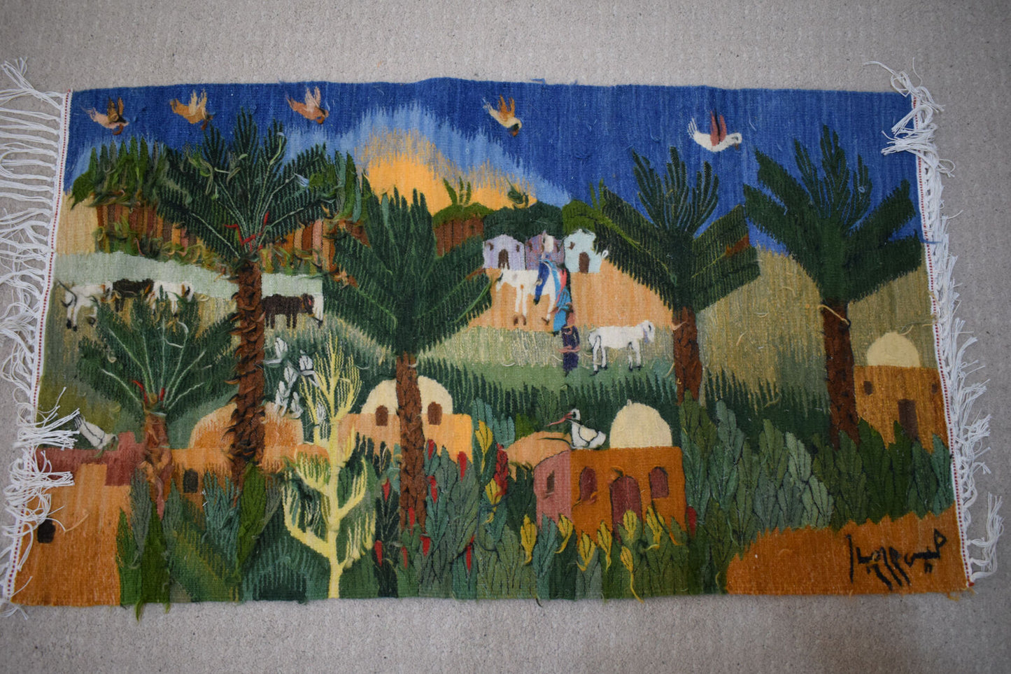 Egyptian Hand Woven Tapestry Wall Hanging-Folk Art Egypt-Wool Kilim Rug- 3.9 FT