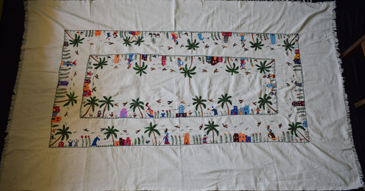 Hand embroidered Egyptian Tablecloth Falalhi Village Bedouin scenes 88"X54"