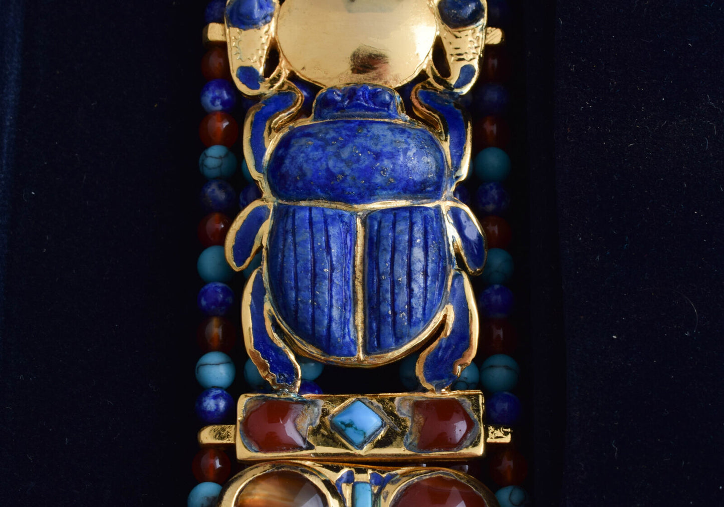 King Tut Tutankhamun-Egypt Scarab Necklace-Lapis Agate Turquoise-24k Gold Plated