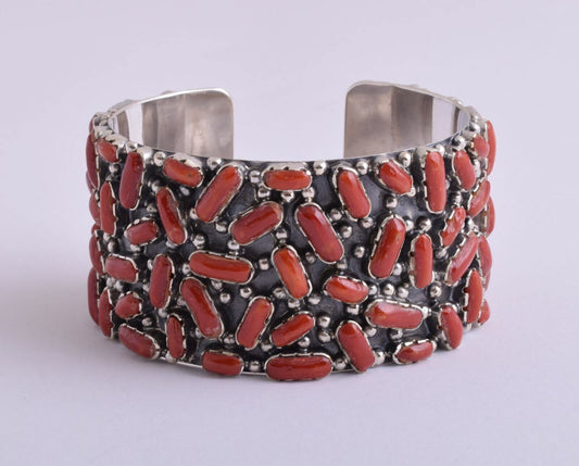 Italian natural red coral-sterling silver Cluster Bracelet-117 gram-Cuff