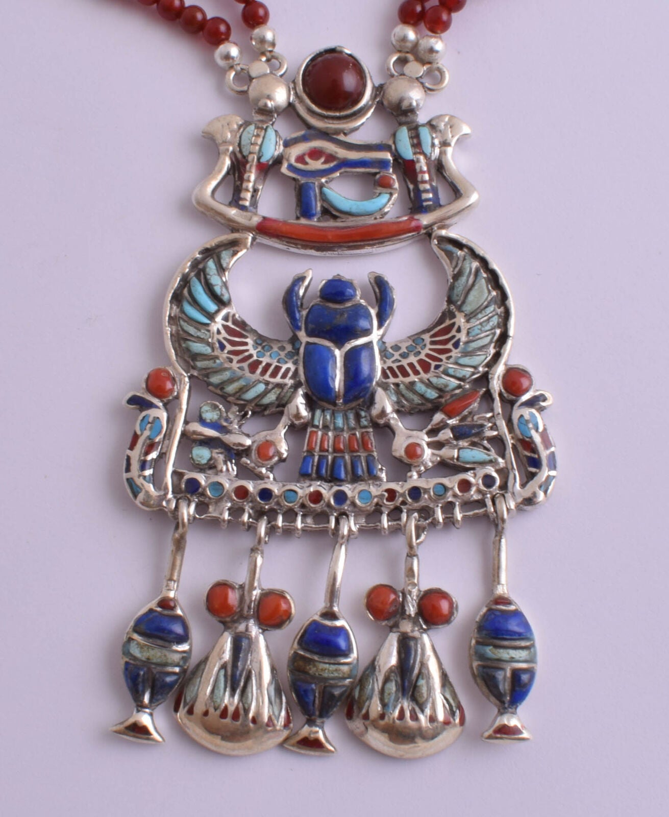 King Tut-Tutankhamun Egyptian Silver Pendant Necklace, Winged Scarab Pendant