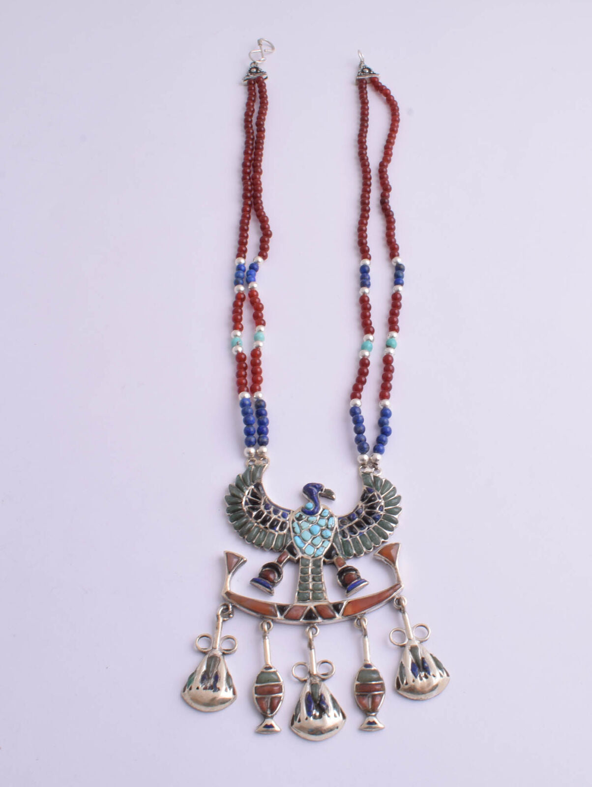 Egyptian Silver Pendant Necklace,Revival,Pharaoh, Turquoise, red coral , lapis