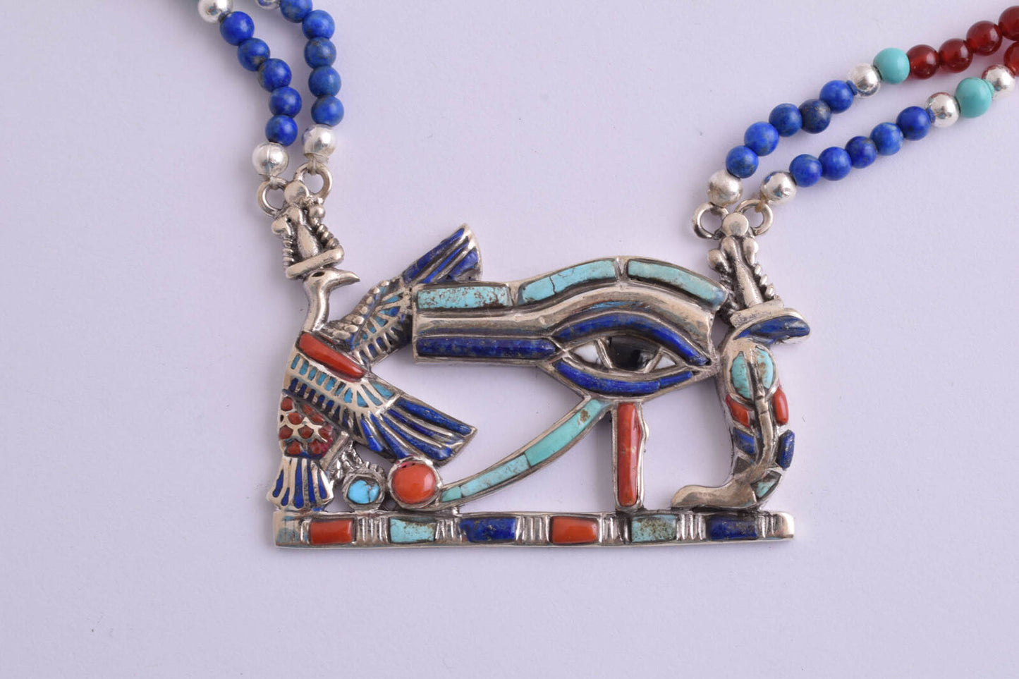 Eye of Horus Egyptian Silver Pendant Necklace,Turquoise, red coral, lapis lazuli