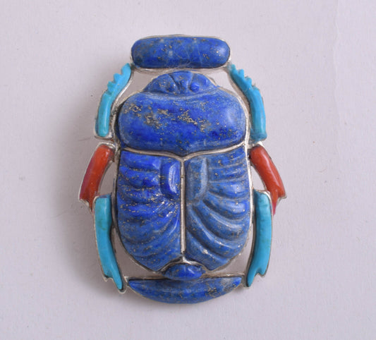 Egyptian scarab Silver Pendant,Revival, Turquoise, red coral , lapis Lazuli