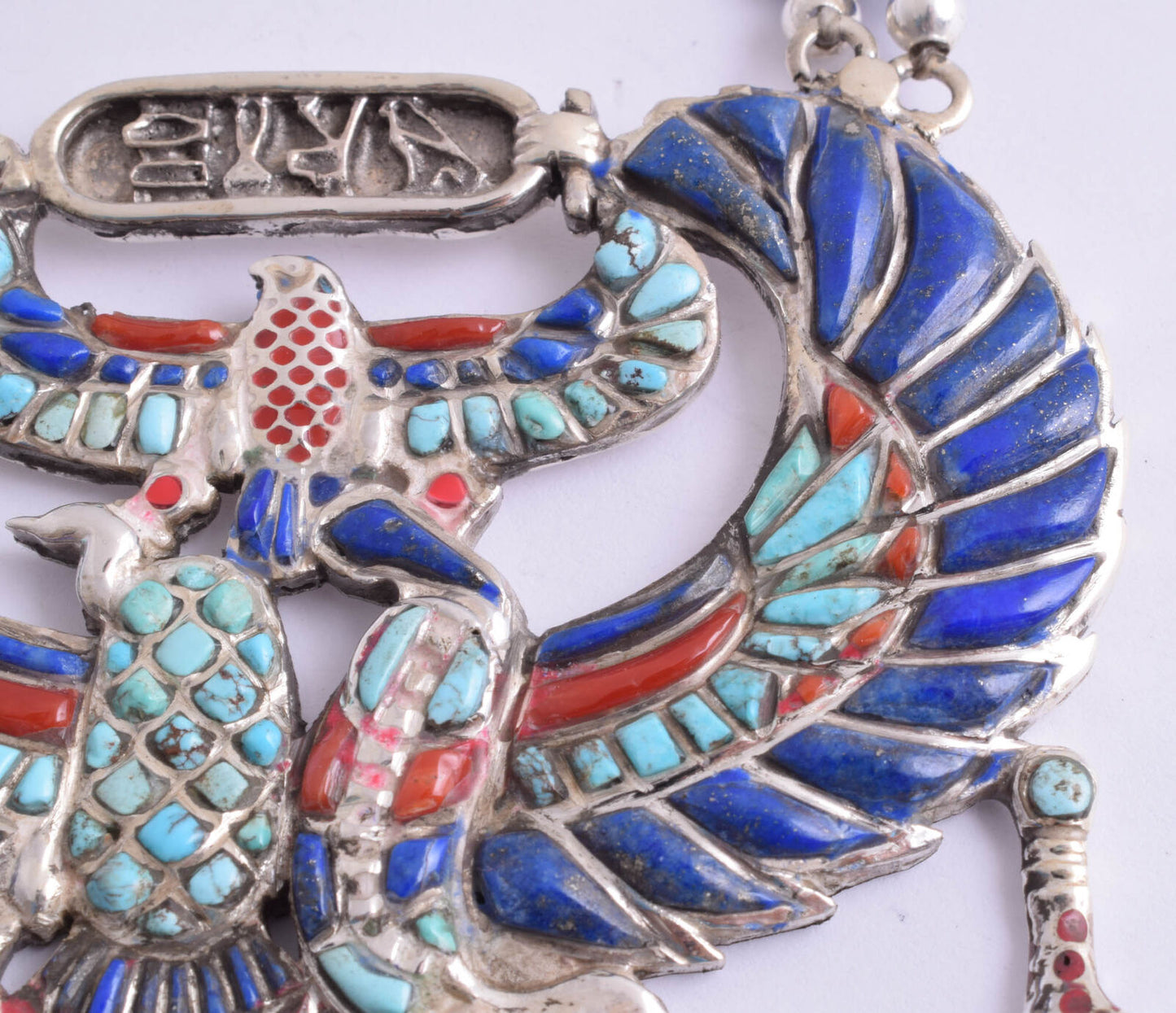 Winged Scarab Egyptian Silver Pendant Necklace, Turquoise, red coral , lapis